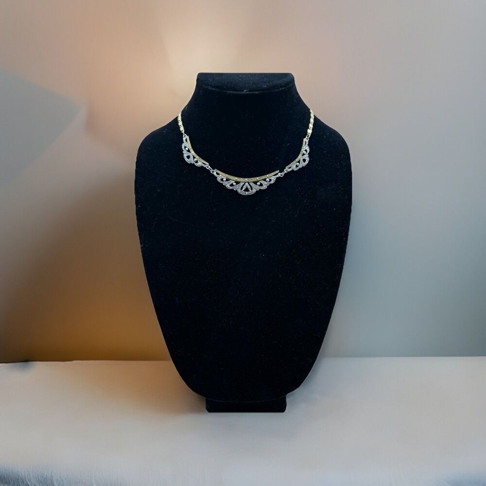 Vintage Two-Tone Filigree Collar Necklace Scrollwork Choker Silver & Gold Tone